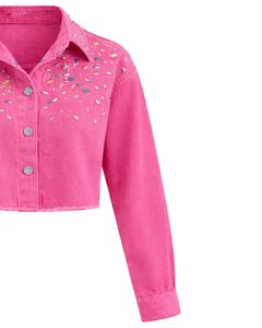 Veste en jean courte rose personnalisée pour femme avec fermeture boutonnée sur le devant ornée de strass, manches longues, style streetwear tendance - Product Image 4