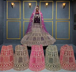 Lehenga de mariée en velours lourd avec des détails de broderie complets, grande jupe évasée et six options de couleurs pour les fêtes et les occasions spéciales. - Product Image 1