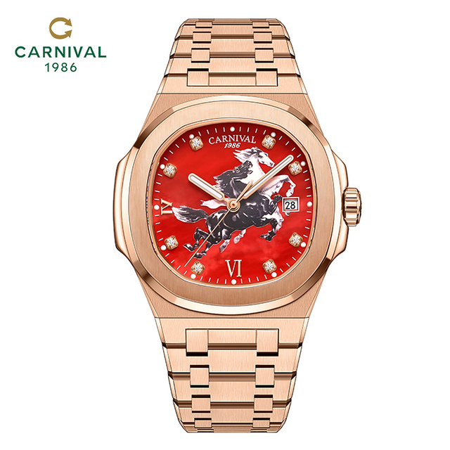 CARNIVAL Design Red Dial Luxury Stainless Steel Butterfly Clasp Water Resistant Luminous Men's Automatic Mechanical Watch