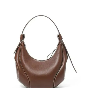 Sac à bandoulière croissant vintage minimaliste en cuir véritable marron pour femme avec fermeture éclair et poignée unique, style hobo, à porter sous le bras, tendance - Product Image 1