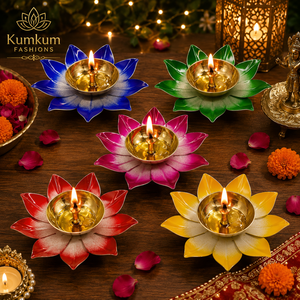 Modern Elegant <b>Brass</b> Diya <b>Candlestick</b> <b>Holder</b> with Lotus Design Crystal Gold Finish for Home Dining Table Room Home Decoration - Product Image 5