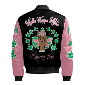 Chaqueta Bomber Alpha Aka Negra, Rosa y Verde con Estampado de Letras, Unisex, Casual, con Cierre Frontal - Product Image 3