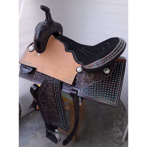 Selle de cheval western artisanale haut de gamme avec clous turquoise |   Selle en cuir véritable travaillée à la main pour l'équitation et les usages équestres - Product Image 2