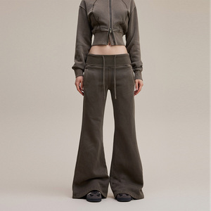 Pantalon de survêtement évasé Y2K en molleton brossé 400g pour <span class=keywords><strong>femme</strong></span>, taille basse, coupe slim, effet délavé vintage, style streetwear rétro, décontracté - Product Image 1