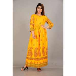 AARTI FASHION ชุดเดรสยาวสีเหลืองลายเพสลีย์ผ้าฝ้ายสไตล์ชาติพันธุ์ ดีไซน์ทันสมัย ชุดสัลวาร์ แห้งเร็ว สำหรับผู้หญิง - Product Image 4