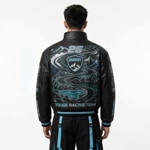 Black Touge Racing Leather <b>Jacket</b> <b>Men</b> Motorsport Mountain Embroidery Full Grain Motorbike <b>Track</b> Uniform Zip Up Outerwear - Product Image 2