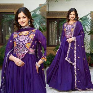 Traditional Indian Design Women's Clothing Rich Georgette Embroidered Long Anarkali <b>Kurti</b> Paired with Pants and Dupatta Set - Product Image 1