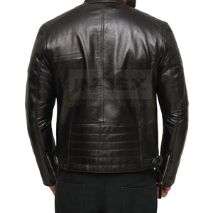 Chaqueta de Motociclista de Cuero Genuino Negro para Hombre, Cierre de Cremallera, Cuello Alto, Color Sólido, para Otoño, Corte Regular, Ajuste Delgado - Product Image 4