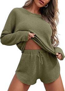 Ensemble de pyjama en tricot gaufré pour femmes, haut à manches longues et short assorti, ensemble de détente, vêtements de détente avec poches - Product Image 5
