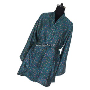 KS010 2026 Vintage Silk Sari Floral Print Short Vintage Sari Kimono Long Beach Cover Up Dress Ethnic Indian Maxi Bathrobe Dress - Product Image 4