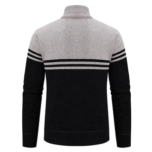 Men's Gray And <b>Black</b> Striped Knit <b>Cardigan</b> Full Zipper Mandarin Collar Regular Sleeve Autumn Wear Anti-Pilling <b>Wool</b> Acrylic - Product Image 2