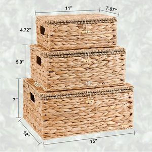 High Quality Eco-Friendly Rustic Water Hyacinth Set 3 Woven <b>Storage</b> <b>Baskets</b> Lid Multi-Purpose <b>Rectangle</b> Customized Color - Product Image 5