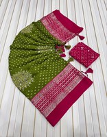 Sari en Georgette à Imprimé Feuille Céleste, Sari Luxe Effet Miroir Héritage, Sari Festiva en Crêpe à Miroir Manuel, Sari Élégant à Franges et Imprimé Feuille
