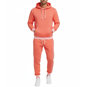 Survêtement pour homme de haute qualité, vêtements de sport corail |   Sweat à capuche avec poignets contrastants rose pastel |   Ensemble deux pièces pour homme, coupe ajustée sur mesure - Product Image 1