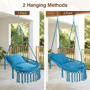 "Navy Boho Macrame Hammock Swing <b>Chair</b> 330LBS Capacity Indoor/Outdoor 2 <b>Padded</b> Cushions for Patio or Bedroom" - Product Image 2