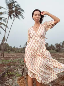 Newest Hand Block Printed 100% Cotton Wrap <b>Dress</b> for Women <b>Summer</b> <b>Boho</b> Floral Ladies <b>Dress</b> Sustainable Handmade V- Neck <b>Dress</b> - Product Image 3