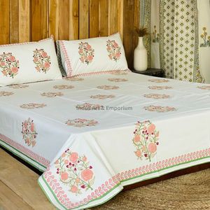 Juego de Sábanas con Estampado Artesanal Sanganeri de la India, Sábanas con Funda de Almohada - Product Image 4