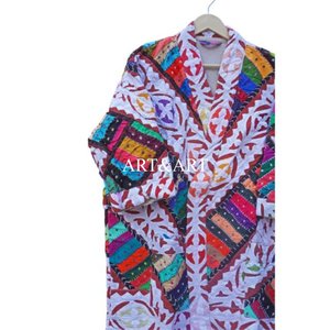 Elegant Handmade Kantha Cutwork V-neck Knee-Length Summer/Winter Women's <b>Robe</b> 100% Cotton Fashionable Party Wear - Product Image 2