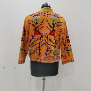 Women's Finished Suzani Embroidered Woven Velvet <b>Mandarin</b> <b>Collar</b> Pullover <b>Jacket</b> Handmade Floral Short Cotton Lined Boho Winter - Product Image 6