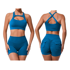 Ensemble de sport deux pièces pour femme de haute qualité : soutien-gorge et short, séchage rapide, respirant, pour gym et yoga, nouvelle collection, en Spandex et Nylon - Product Image 4