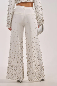 Women's <b>White</b> Sequined <b>2</b>-<b>Piece</b> Blazer <b>Set</b> Full Sleeve Loose Fit Elegant Spring Summer Satin Long Pants Suit - Product Image 6