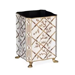 Trash Can In Elegant Black Cylindrical Metal Paper Basket With Gold Greek Key Pattern Decorative Indoor Waste <b>Bin</b> Household Use - Product Image 5