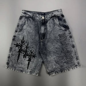 Shorts de Mezclilla Negros Lavados con Diseño Bordado, Estilo Urbano Vintage, Shorts Casuales de Verano - Product Image 1