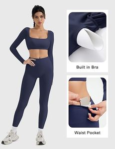 Women Seamless Yoga Set Square Neck Long <b>Sleeve</b> <b>Crop</b> <b>Top</b> High Waist Leggings Solid Color Breathable Activewear 2 Piece Set - Product Image 6