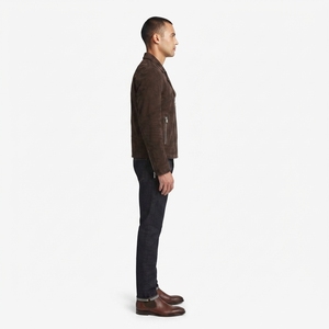 OEM Custom <b>Men's</b> Solid Espresso Goatskin <b>Suede</b> Breathable Sustainable Lined Moto Biker <b>Jacket</b> Asymmetric Zip Outerwear - Product Image 3
