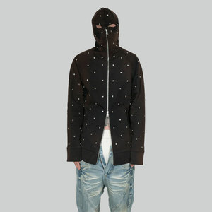 Sweat-shirt à capuche zippé noir pour homme avec strass, style streetwear oversize, motif masque, en coton tricoté pour l'hiver - Product Image 1