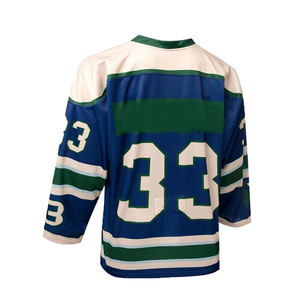 Maillot de hockey sur glace personnalisé, rayé bleu, vert et blanc, col en V, manches trois quarts, sublimé, vêtements pour hommes adultes - Product Image 3