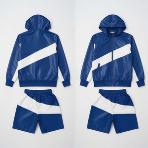 Men's Blue <b>White</b> Color Block Hooded Windproof Windbreaker <b>Jacket</b> Knitted Zipper <b>Shorts</b> Set Casual Summer Wear Quick Dry - Product Image 1