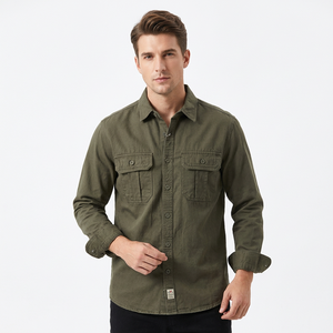 Men's Olive Green Long Sleeve Casual Shirt Solid Color Turn-down Collar Twill Fabric Breathable Polyester ODM Customized Autumn - Product Image 3