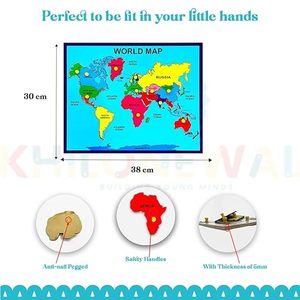 Puzzle de carte du monde en bois pour enfants Khilonewale avec poignées |   Jouets éducatifs pour garçons et filles |   Taille 30x38CM (Carte du monde) - Product Image 5