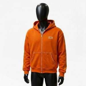 Vente flash : sweat à capuche zippé pour homme, orange, orné de strass, streetwear haut de gamme, sweat à capuche décontracté, veste d'hiver - Product Image 1