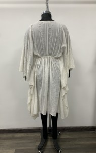<b>Boho</b> V-Neck Long Sleeve Midi <b>Dress</b> With Drawstring Elastic Waist Loose Fit Linen Cotton Woven Breathable Asymmetrical Hem <b>Summer</b> - Product Image 2