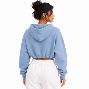 Custom Embroidery Logo Women's Fleece <b>Cropped</b> <b>Zip</b> <b>Up</b> Sweatshirt Oversized Drawstring Hem Drop Shoulder Casual Streetwear Hoodies - Product Image 2