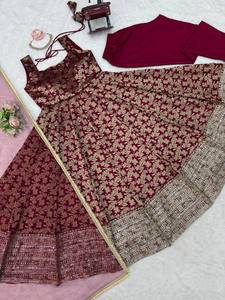 Robe Anarkali en jacquard floral marron avec dupatta, tenue de soirée de créateur, robe ethnique de mariage pour femmes - Product Image 2
