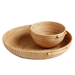 Weaving bamboo serving round tray set eco friendly natural handmade from India ready to export rattan try