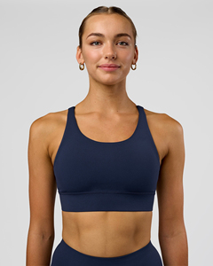 Women's Navy Blue Racerback Sports Bra Scoop Neck <b>Seamless</b> Medium Support Yoga Fitness Top - Product Image 1