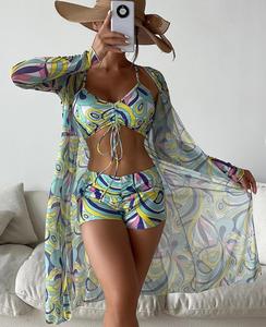 Summer Floral Print Women's Three-Piece Swimsuit <b>Set</b> with Drawstring Shorts <b>Push</b>-<b>Up</b> XL Plus Size - Product Image 4