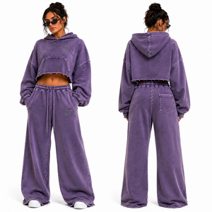 Conjunto Deportivo de Sudadera con Capucha Corta y Pantalones Anchos de Felpa Francesa, Lavado Ácido, Color Morado, 100% Algodón, Marca ONE APEX para Mujer - Product Image 3