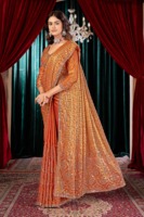 Abhi Fashion Designer Indian Orange Fandy Satin Heavy Bits Embroidered Long Sleeve Floor-Length Bridal Wedding Sari.