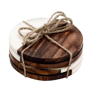 Designer Marble Inlay Wood Coasters Durable Customizable Design 4-inch Diameter for Premium <b>Kitchen</b> <b>Accessories</b> Sophisticated - Product Image 4
