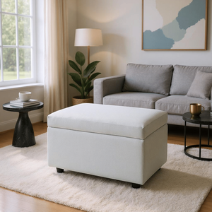 Pouf Contenitore in Lino Beige Testurizzato 63x43x43cm con Piedini in Gomma, Sgabello a Cubo per Ingresso, Camera da Letto o Soggiorno - Product Image 1