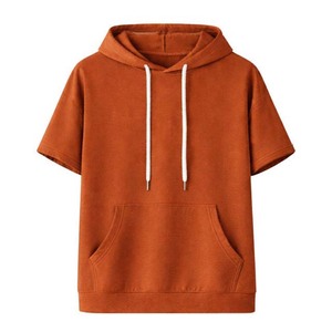 Mens <b>Short</b> <b>Sleeve</b> <b>Hoodie</b> Pullover Sweatshirt Rust Orange Solid Casual Kangaroo Pocket Drawstring - Product Image 1
