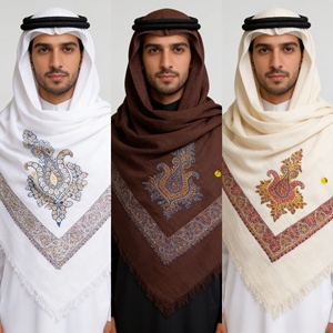 Châle pour homme en pashmina pur, fait main, élégant, de style arabe, avec des broderies épaisses, fines et larges. - Product Image 6