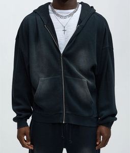 Acid Washed Custom Manufacturer Cropped Men Vintage Zip up Embroidery Heavy GSM Hoodie Heavyweight Distressed Acid Wash Hoodie - Product Image 4