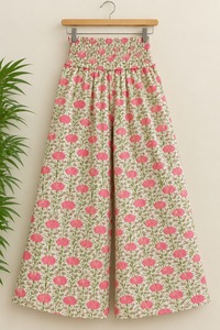 Pantalones Palazzo de Algodón con Estampado Floral Rosa, Cintura Natural, Pierna Ancha, Asimétricos, Ecológicos, Transpirables, Estilo Boho, para Verano - Product Image 6