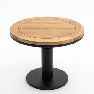 Table d'appoint ronde d'élégance industrielle avec plateau en teck massif et pieds en métal thermolaqué pour salon - Product Image 1